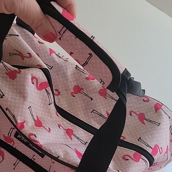$160 LARGE NEW BETSEY JOHNSON PINK FLAMINGO CARRYON ROLLING TRAVEL BAG BLACK NWT - Picture 11 of 14